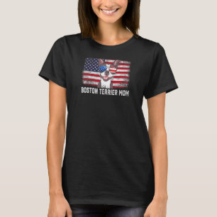 Camiseta Mulheres Boston Terrier Mãe Americana Bandeira Mãe
