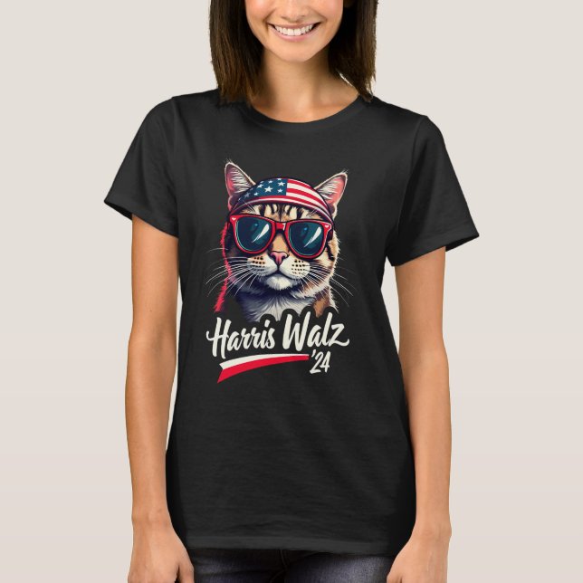 Camiseta Mulheres de Gato Infantis Votam Harris Walz (Frente)