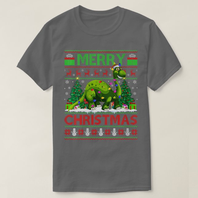 Camiseta Mulheres Dinossauro Xmas Iluminando Santa Hat Ugly (Frente do Design)