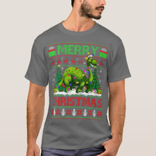 Camiseta Mulheres Dinossauro Xmas Iluminando Santa Hat Ugly