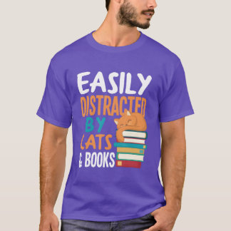 Camiseta Mulheres Distraídas Facilmente Por Livros De Gatos