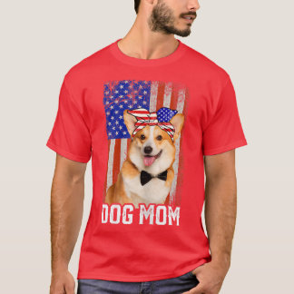 Camiseta Mulheres Engraçadas Cachorro Corgi Mãe EUA Bandeir