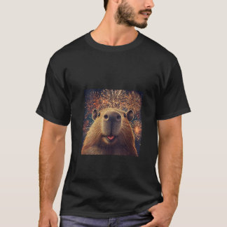 Camiseta Mulheres Engraçadas Capybara Selfie Com Fireworks