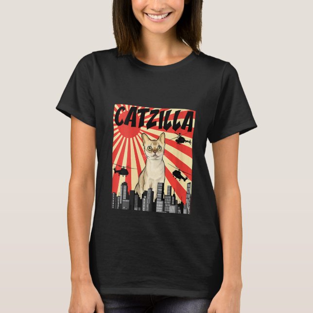 Camiseta Mulheres Engraçadas Retro Japonês Catzilla Singapu (Frente)