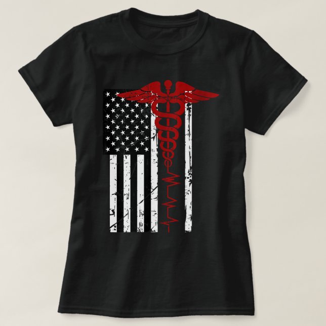Camiseta Mulheres EUA Símbolo Médico Black Patriotic .. (Frente do Design)