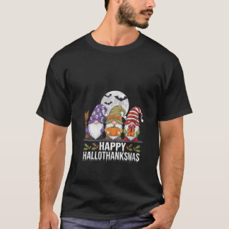 Camiseta Mulheres Feliz Hallothanksmas 2024 Gnomos Morcegos