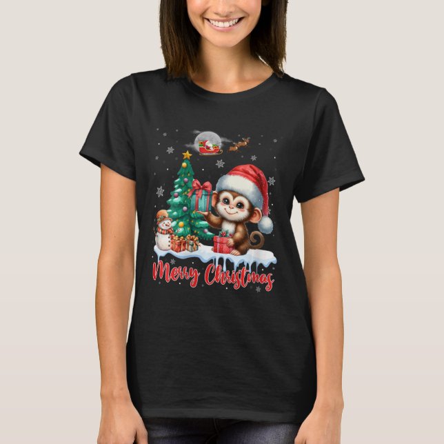 Camiseta Mulheres Feliz Natal Macaco Macaco Furioso Macaco  (Frente)