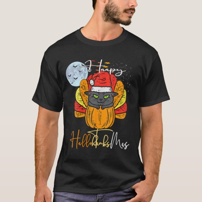 Camiseta Mulheres Felizes Hallothanksmas Cat Halloween Than (Frente)