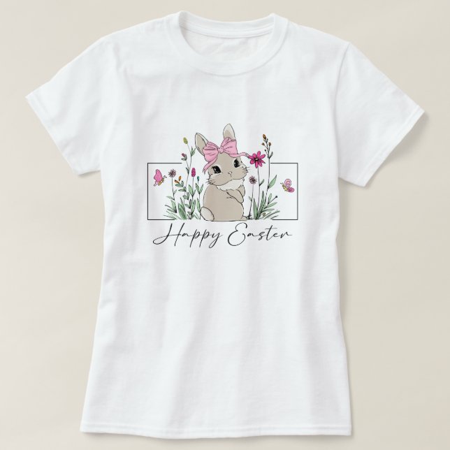 Camiseta Mulheres Felz pascoa Bunny Floral (Frente do Design)