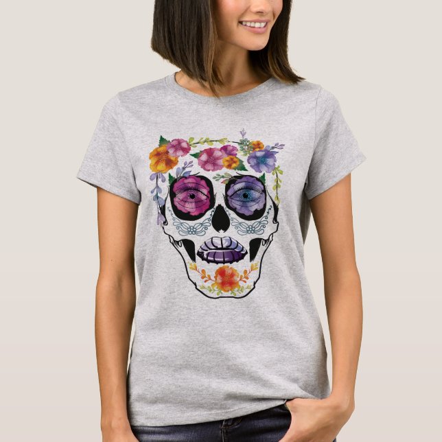 Camiseta Mulheres florais da flor do design do crânio (Frente)
