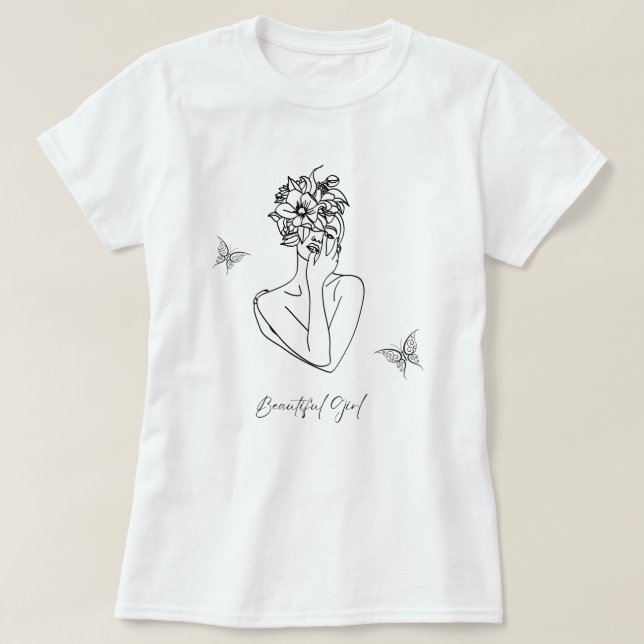 Camiseta Mulheres Flores Borboleta Face Retrato Bonito (Frente do Design)