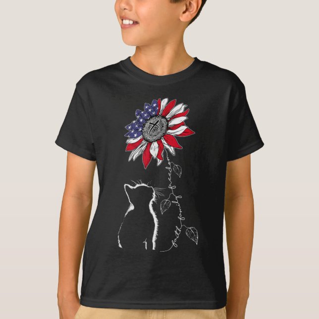 Camiseta Mulheres Gato Girassol 4º De Julho Fé Liberdade Pa (Frente)