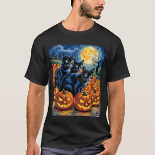 Camiseta Mulheres Gato Preto Estilo Van Gogh Abóbora de Hal