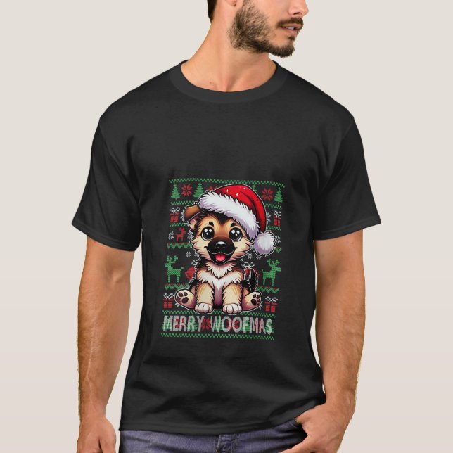 Camiseta Mulheres German shepherd Natal Ugly Sweater Fune (Frente)