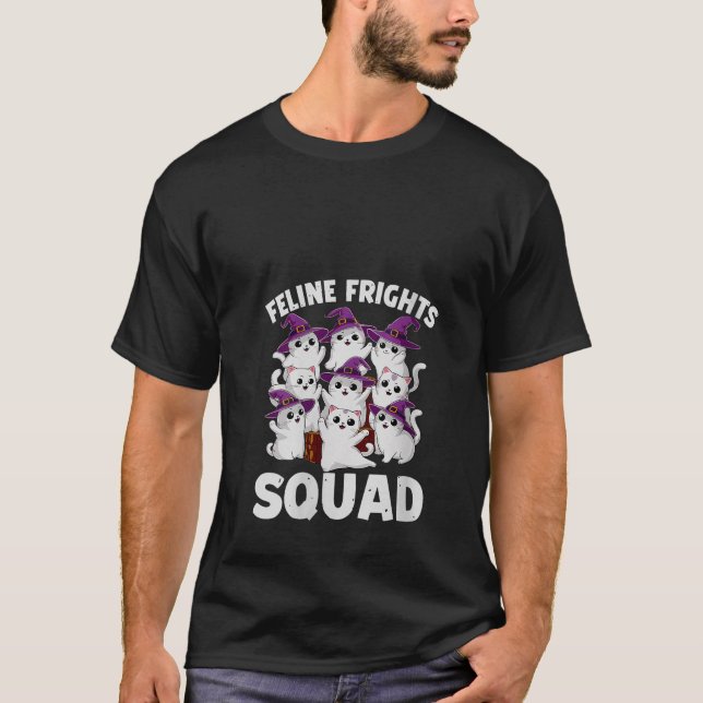 Camiseta Mulheres Groovy Feline Fright Squad Spooky Cats Lo (Frente)