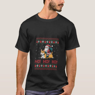 Camiseta Mulheres Ho Ho Ho Papai Noel Montando Corgi Galês 
