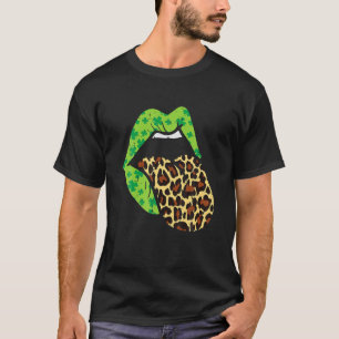 Camiseta Mulheres Lábios Verdes Leopard Imprima a língua