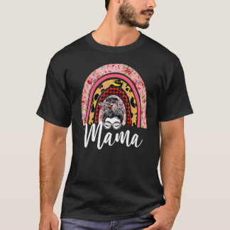 Camiseta Mulheres Mama Floral Leopardo Rainbow Messy Bun Mo