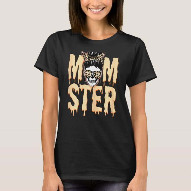 Camiseta Mulheres Momster Skull Mãe Monstro Laranja Leopard (Frente)
