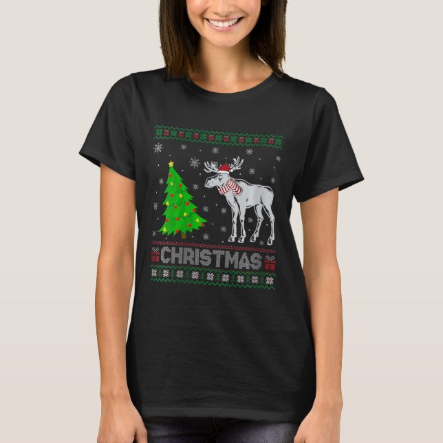 Camiseta Mulheres Moose Xmas Tree Lighting Febre Swe de Nat (Frente)
