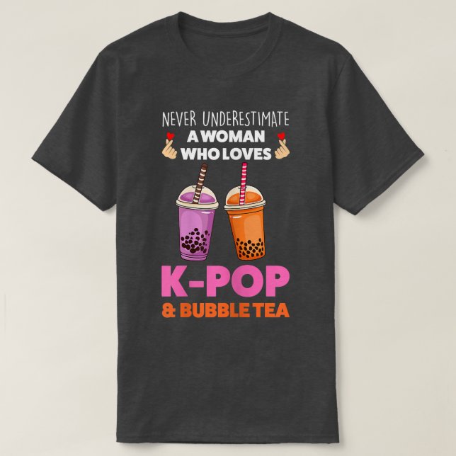 Camiseta Mulheres nunca em "k-pop" e "bubble tea Animch" (Frente do Design)