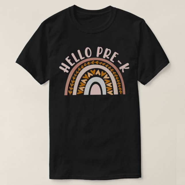 Camiseta Mulheres Olá Pré-K Boho Rainbow Heart Professora D (Frente do Design)