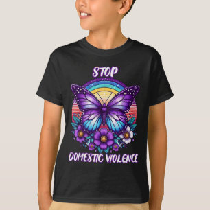 Camiseta Mulheres parem a violência doméstica roxa retro ar
