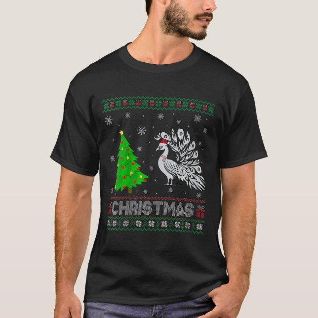 Camiseta Mulheres Peacock Xmas Tree Lighting Ugly Christmas (Frente)