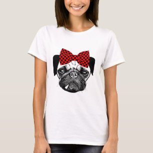 Camiseta Mulheres Pug Dog Red Checkers Arco original de art