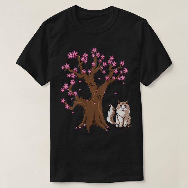 Camiseta Mulheres Ragdoll Cat Mãe Cereja Japonesa Flor (Frente do Design)