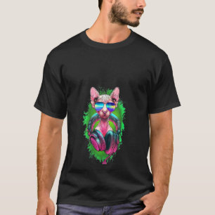 Camiseta Mulheres Rave Sphynx Edm Gatinho Dj Kitten Cabelos