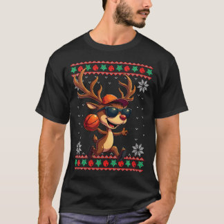 Camiseta Mulheres Reindeer Jogando Basquete No Natal Feio