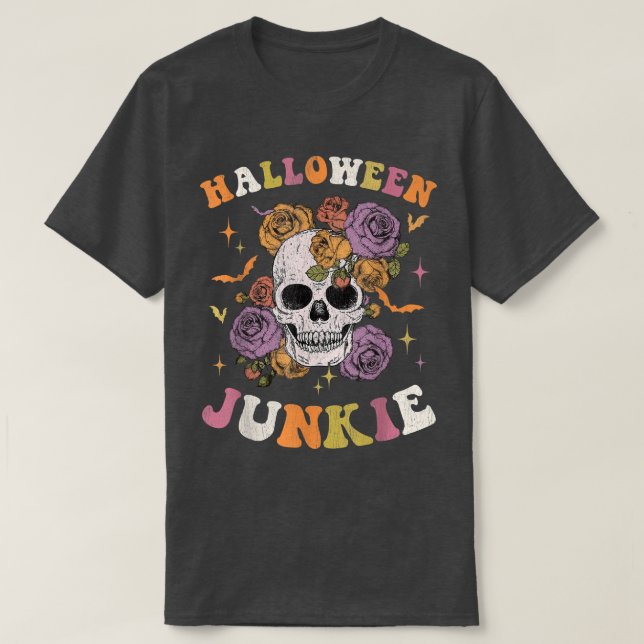 Camiseta Mulheres Retro Groovy Spooky Hippy Halloween Flora (Frente do Design)