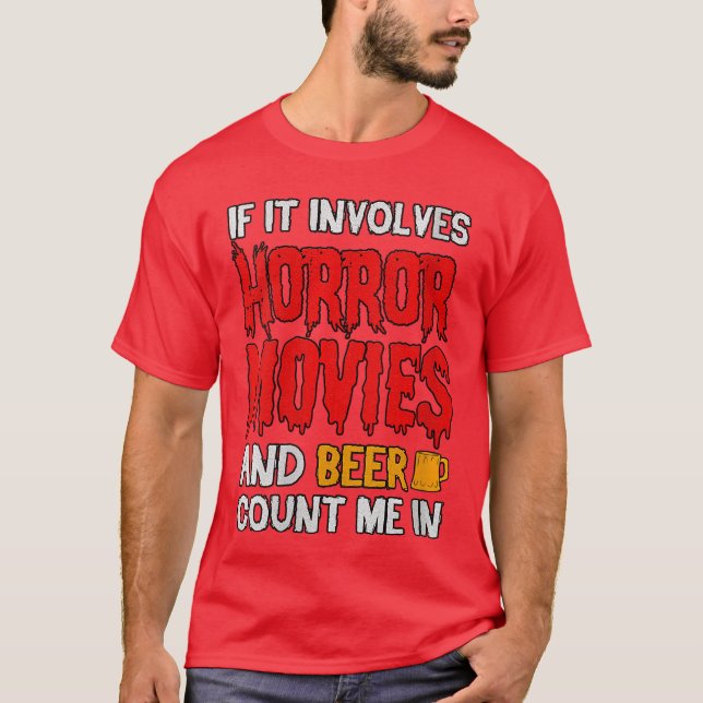 Camiseta Mulheres Se Envolve Filmes De Terror E Cerveja Con (Frente)