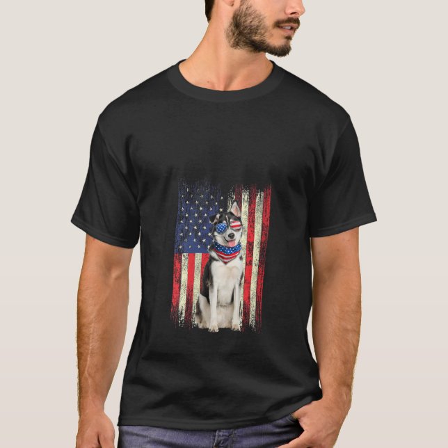 Camiseta Mulheres Siberian Husky American Flag 4 De Julho P (Frente)