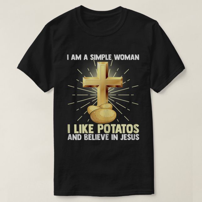 Camiseta Mulheres Simples Como Potatos Vegan Acreditam Jes (Frente do Design)