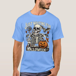 Camiseta Mulheres Só Esperando Pelo Halloween Esqueleto Caf