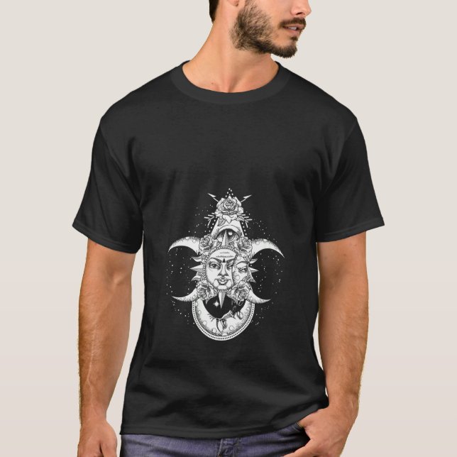 Camiseta Mulheres Sol Lua Rosas Astrologia Espaço Galáxico  (Frente)