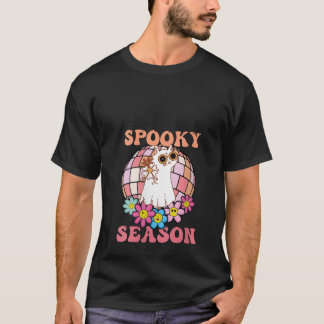 Camiseta Mulheres Spooky Season Groovy Ghost Cat Retro Vint