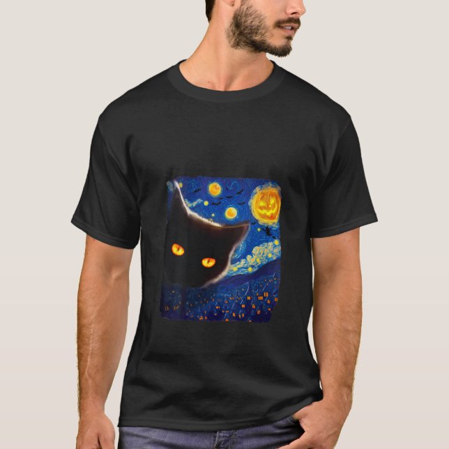 Camiseta Mulheres Van Gogh Starry Night Cat Halloween Black (Frente)