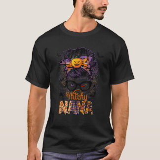 Camiseta Mulheres Witchy Nana Messy Bun Spooky Bruxa Pumpki