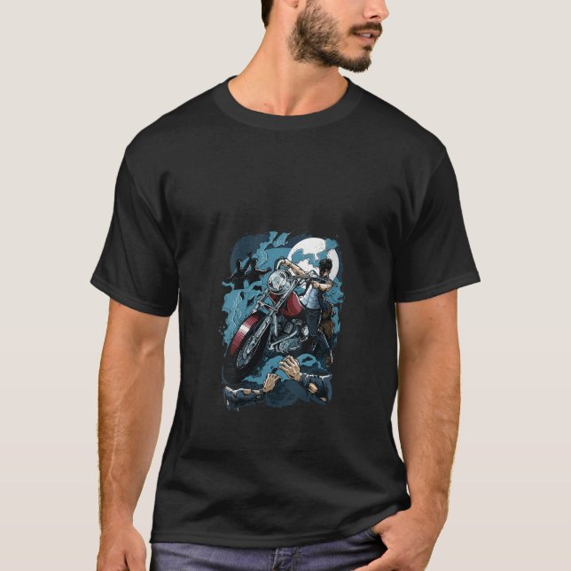 Camiseta Mulheres Zombie Hunter Biker Tee Dia de as Bruxas  (Frente)