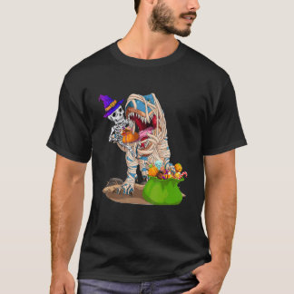 Camiseta Múmia de Esqueleto Montando Dinossauro rex Abóbora