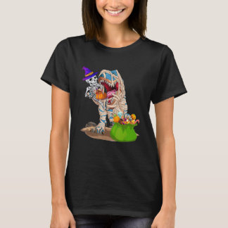Camiseta Múmia de Esqueleto Montando Dinossauro rex Abóbora