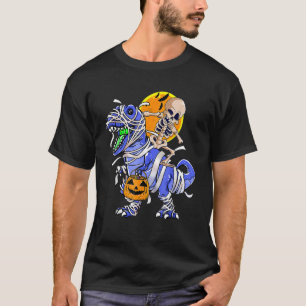 Camiseta Múmia de Esqueleto Montando Dinossauro rex Abóbora
