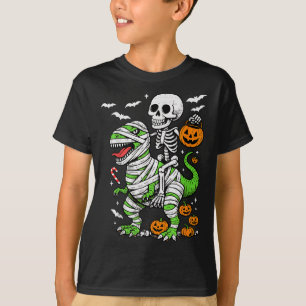 Camiseta Múmia de Esqueleto Montando Dinossauro T Rex Hallo