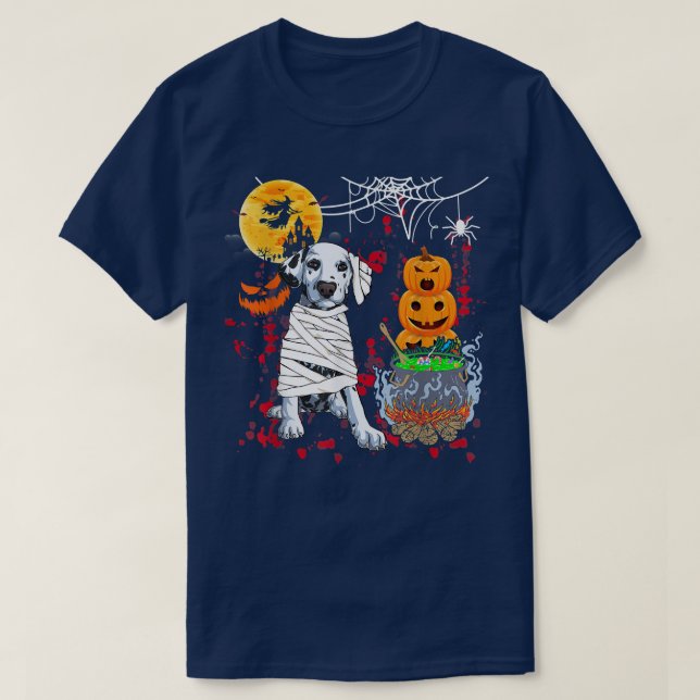 Camiseta Mummy Dalmatian Dog Halloween Cão Assustador Pumpk (Frente do Design)