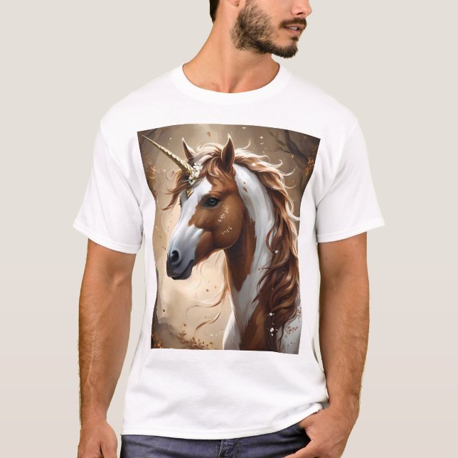 Camiseta Murmurios Do Unicórnio Fantasia Marrom E Branco, (Frente)