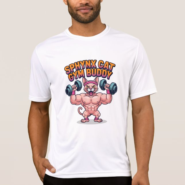 Camiseta Muscular Sphynx Cat Gym Buddy Cartoon (Frente)