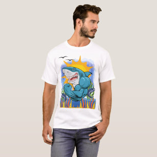 Camiseta Músculos Flexíveis de Tubarões Vida Marítima e Sol